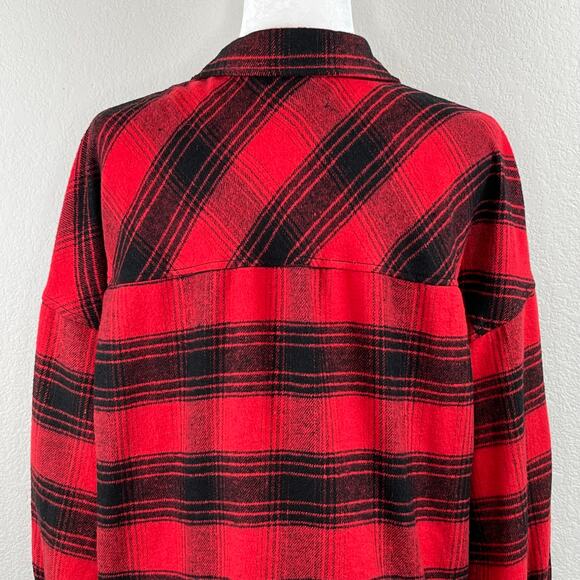 Ci Sono Red Black Plaid Flannel Button Front Long Sleeve Crop Shirt Shacket XL - Picture 8 of 10